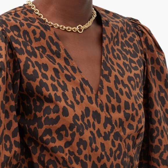 NWOT Ganni Leopard Print Balloon Sleeve Wrap Top, Size 34 - Picture 4 of 6